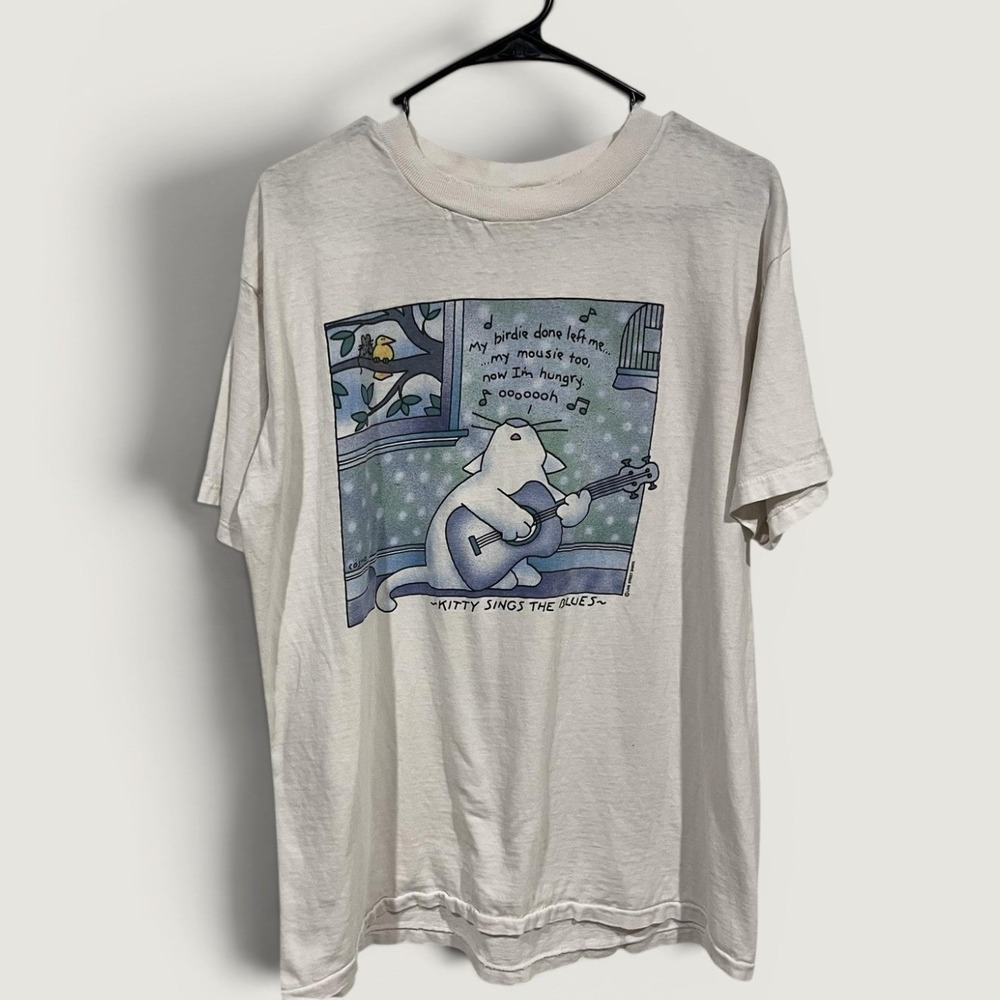 Vintage Shirt Mens Large White Kitty Sings The Blues Cat Tee